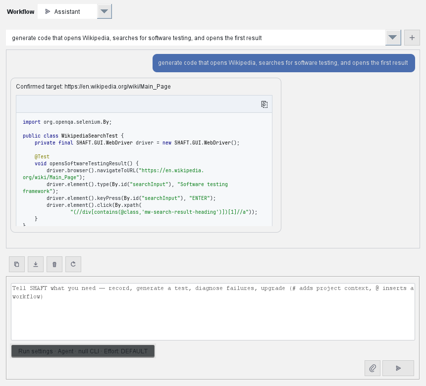 SHAFT IntelliJ assistant showing an automation request and generated Java test